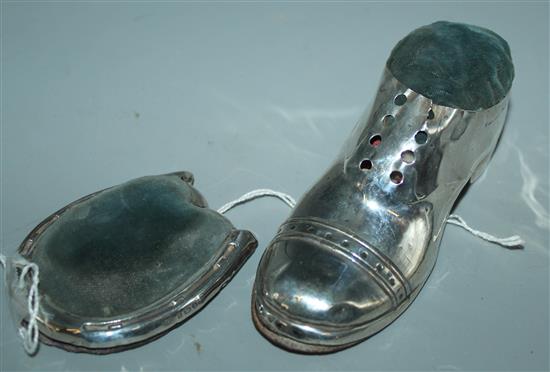 Silver shoe pincushion, S Blanckensee & Son, Birmingham 1910 and a silver horseshoe pincushion